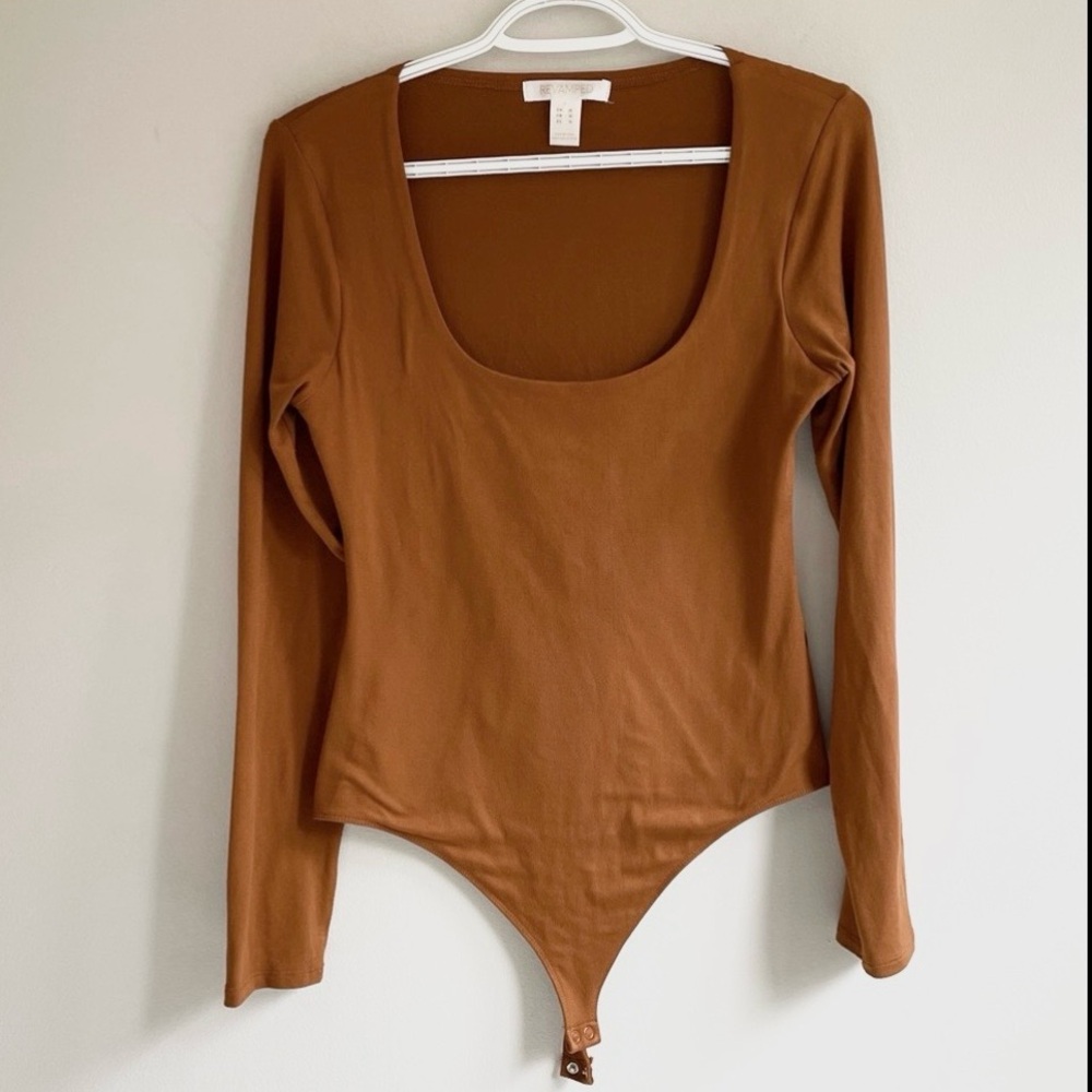 LONG SLEEVE SCOOP NECK THONG BODYSUIT REVAMPED RUST BROWN AUTUMN ORANGE STRETCH